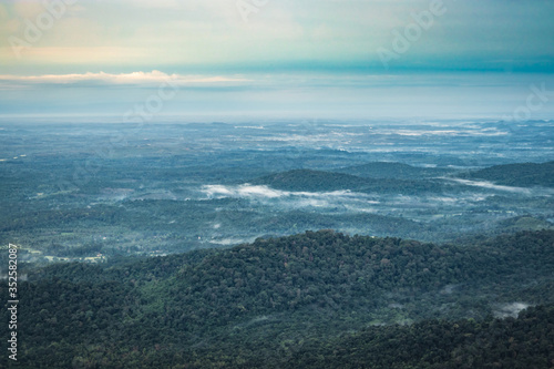 mountain horizon coverd with white mists and dense forests