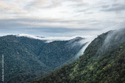 mountain coverd with white mists and dense forests photo