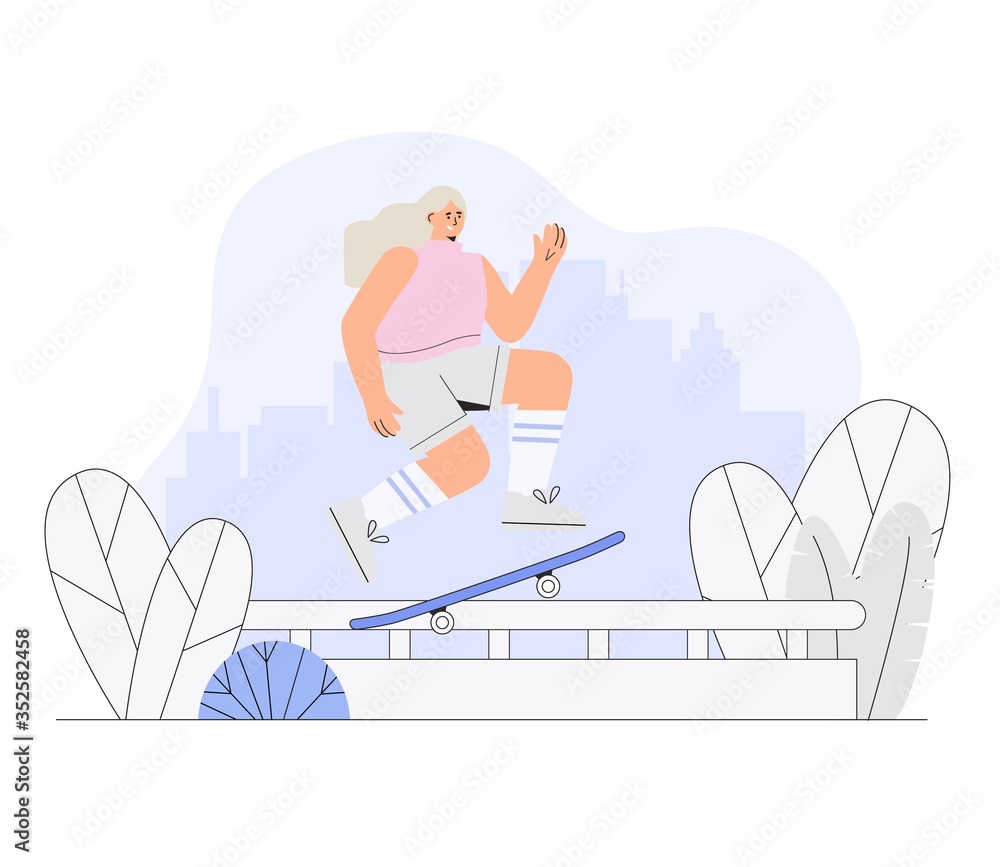 Obraz premium Girl skateboarder rides a skateboard on the background of a city park. Vector modern illustration in flat style.