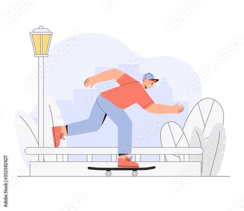 Happy boy skateboarder rides a skateboard on the background of a city park. Vector modern illustration in flat style.
