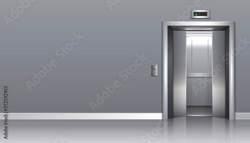 3d realistic vector office building  elevator with open doors and copy space for your advertisement.