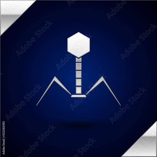 Silver Bacteria bacteriophage icon isolated on dark blue background. Bacterial infection sign. Microscopic germ cause diseases concept. Vector Illustration.