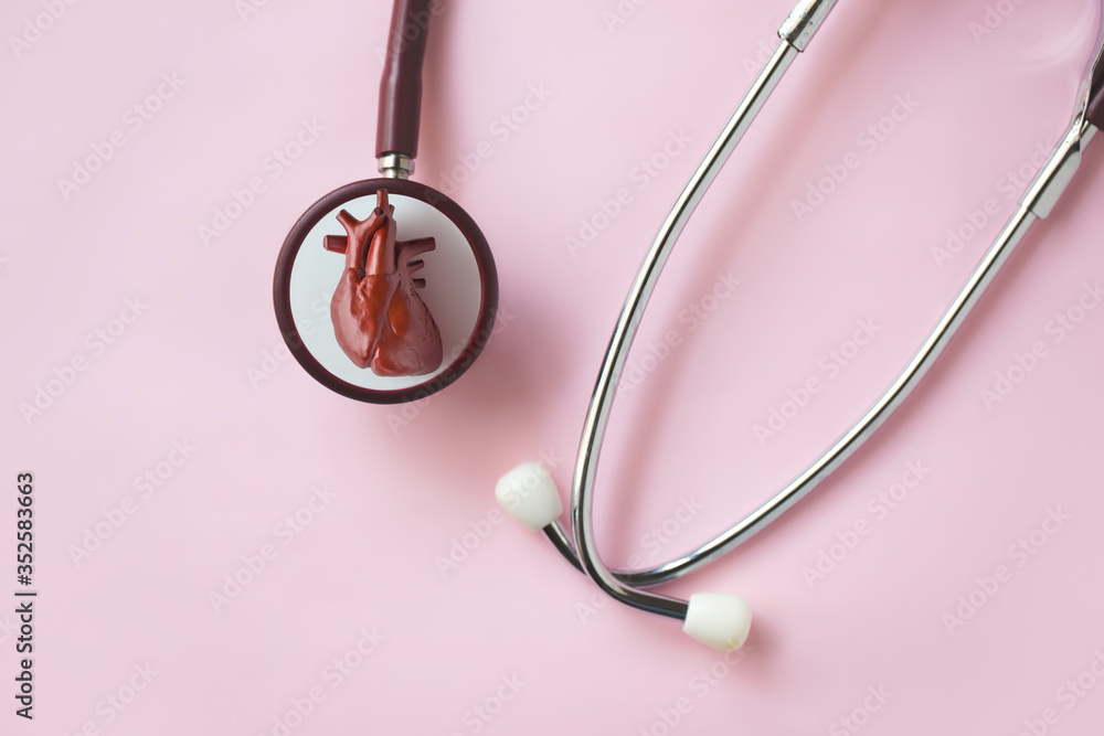 Fototapeta premium Human heart on stethoscope on pink background