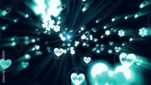 Health, medicine, healtcare, heart, medical, research and drug symbols abstract concept rendering 3d animation. Icons loopable seamless futuristic background.