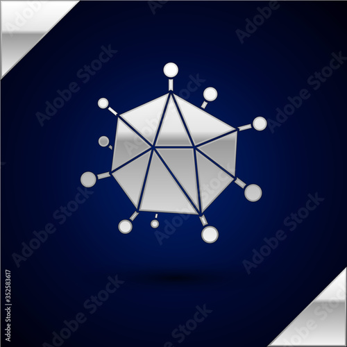 Silver Virus icon isolated on dark blue background. Corona virus 2019-nCoV. Bacteria and germs, cell cancer, microbe, fungi. Vector Illustration.