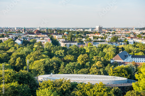 Photography Panoramic city view of Berlin, viewfrom the top of the Berlin Victory Column in Tiergarten, Berlin, with modern skylines and green forest