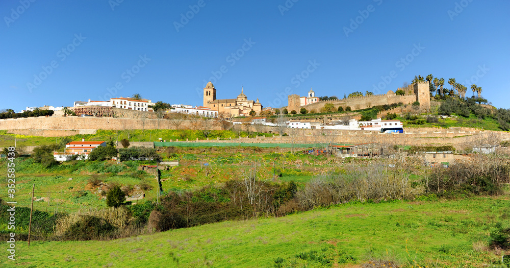 Cityscape of Jerez de los Caballeros with the Templars castle, a famous and monumental town of Badajoz province in Extremadura, Spain