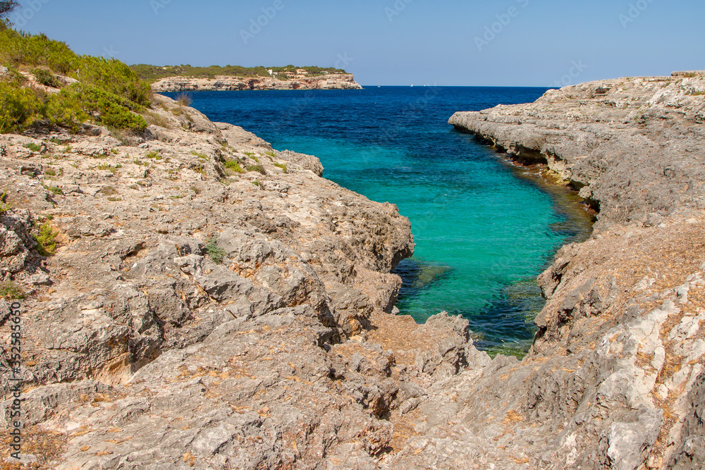 Cala Mondrago is a small beach situated within Mondrago National Park in the south east corner of Mallorca. Mallorca island, Spain.