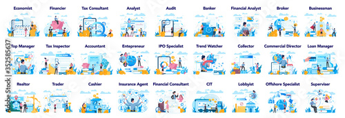 Financial or business profession set. Business character making