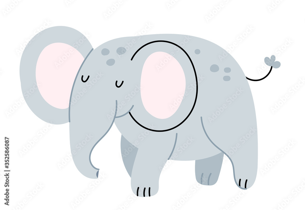 Cute elephant illustration isolated on white background.Simple Illustration for children's book. African animal in cartoon style. Perfect for greetings, cards, posters, congratulations  or store. 