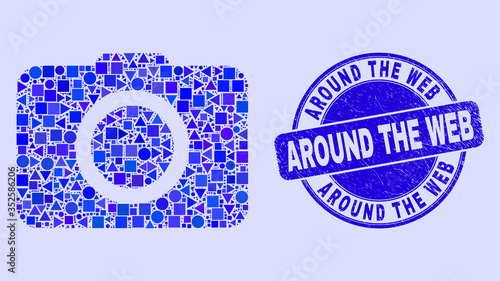 Geometric photo camera mosaic pictogram and Around the Web stamp. Blue vector round grunge seal stamp with Around the Web message. Abstract mosaic of photo camera created of round, triangles,