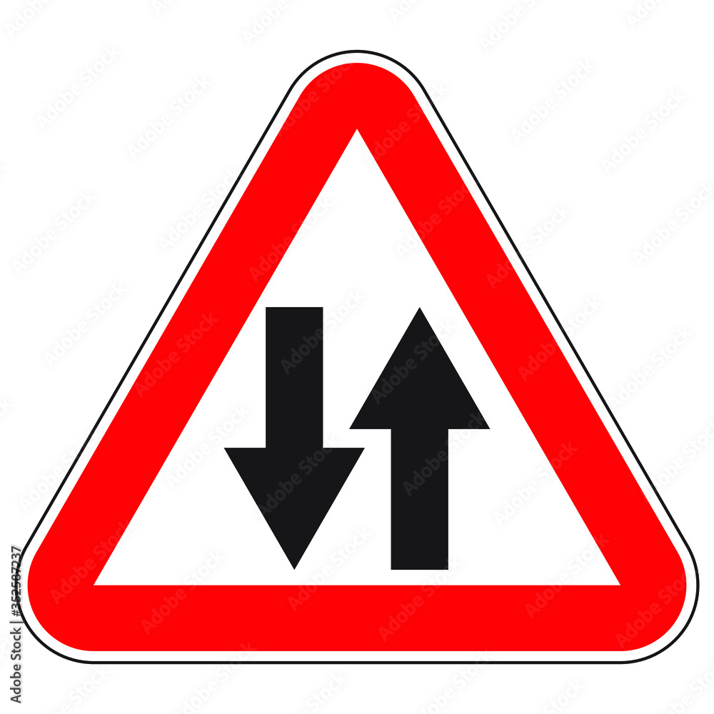 Two-way traffic. Warning road sign. Two-way traffic. Warning road sign.