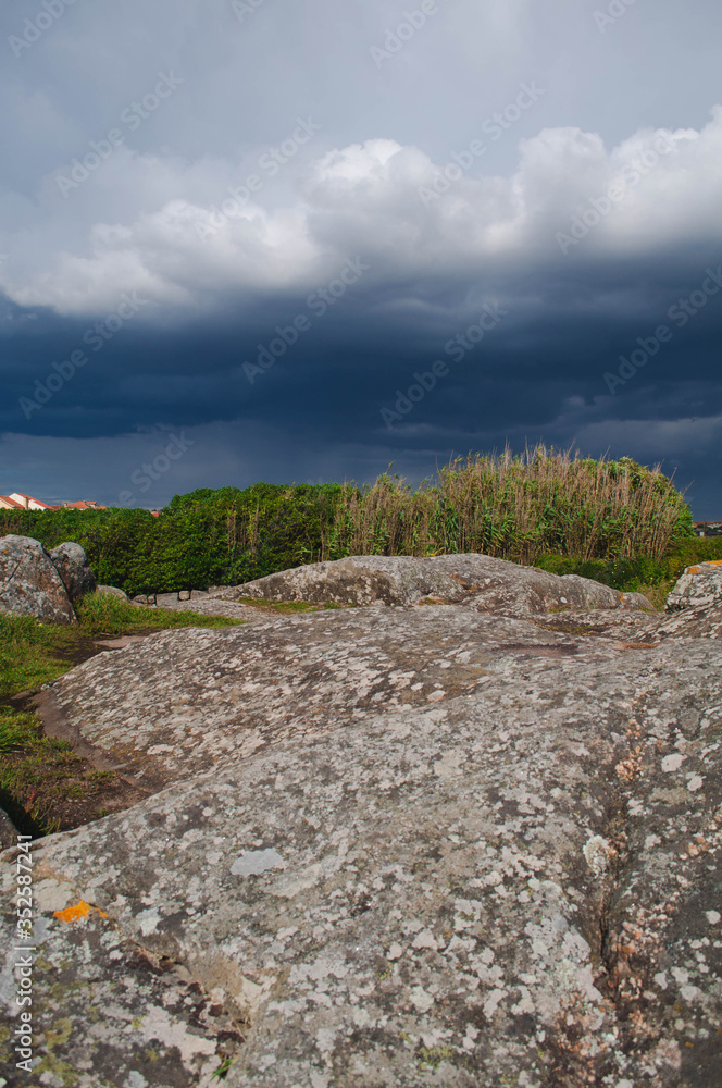 Storm, dark blue clouds. Green Bushes. Large stones in the foreground