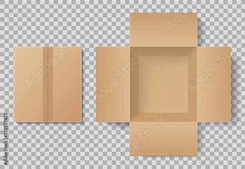 Cardboard box top view for delivery. Open and closed carton package mockup for gift. Empty realistic brown container with inside view. Paper parcel template on isolated background. Design vector.