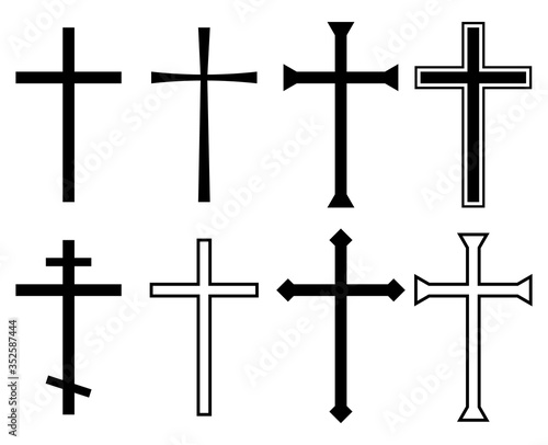 Religion cross symbol. Christian black icons collection. Crosses silhouette element. Set of different cross for church logo. vector illustration.