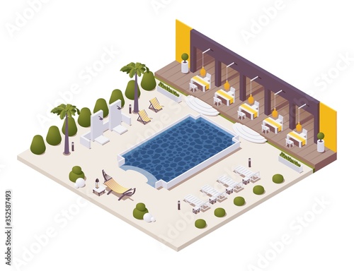 Isometric pool near the restaurant at beach resort with sunbeds, outdoor shower, palm trees