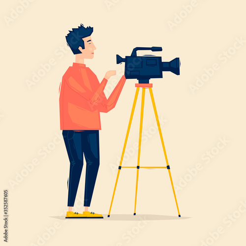 Man shoots a video, a blogger, filming. Flat illustration in cartoon style. Vector.