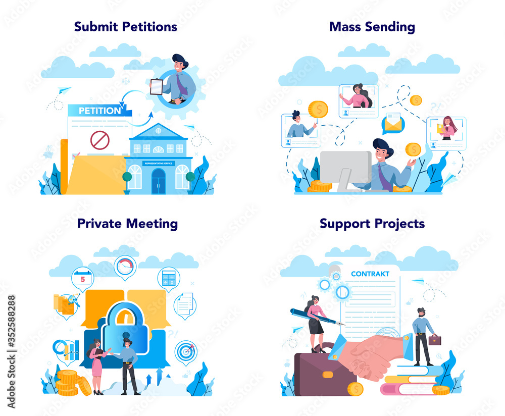 Obraz premium Lobbyist and lobby concept set. Professional pr specialist influencing