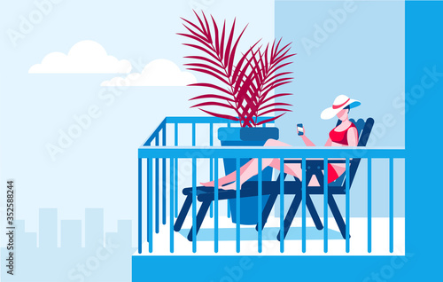 A girl with a phone is sunbathing on the balcony. Vector illustration on the theme of working at home.