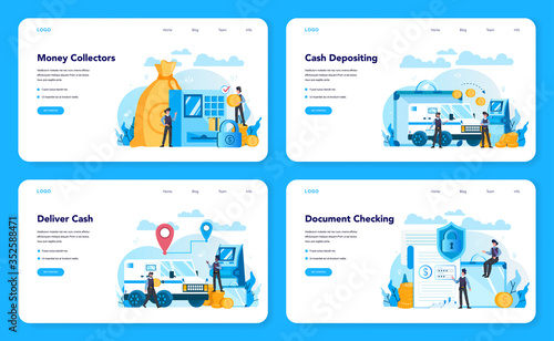 Armored cash truck security web banner or landing page set. Money