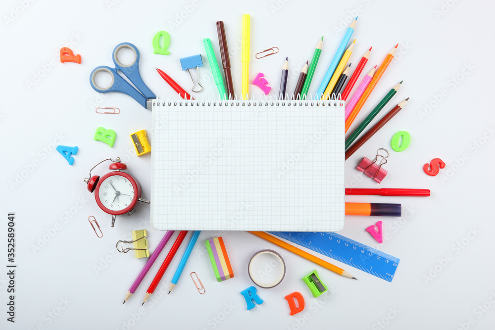 School office on a colored background top view. Office office, student office. Concept back to school. place for text. Flatlay
School office on a colored background top view. Office office, student office. Concept back to school. place for text. Flatlay
