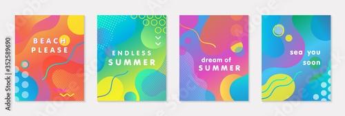 Bundle of modern vector summer posters with bright gradient background,shapes and geometric elements.Trendy abstract design perfect for prints,social media,banners,invitations,branding design,covers