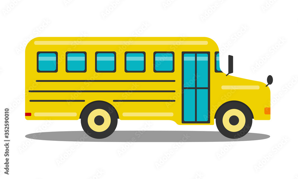 Classic yellow school bus isolated on white background. Flat vector illustration. Vehicle side view. School related transportaion item. Back to school theme element