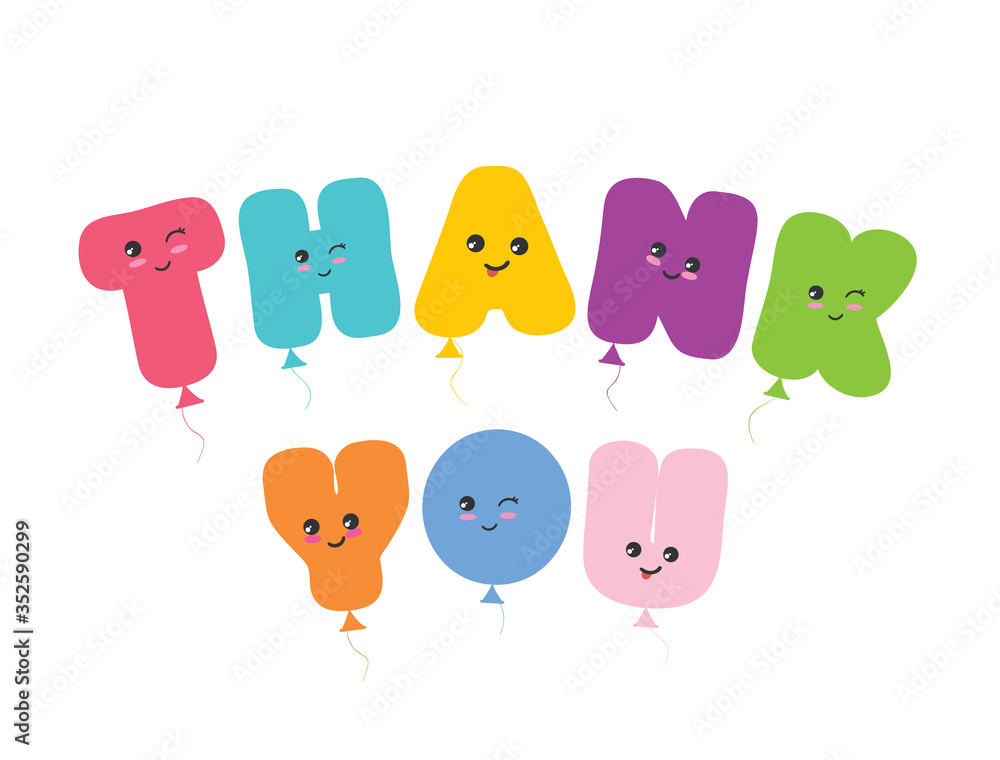 Thank you inscription. Kawaii balloon colorful letters. Cute stickers emoticons. Vector illustration