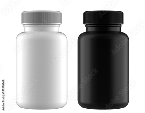 A Set of White and Black Pastic Bottles for Pills Packing for Accurate Work with Light and Shadows. 3D Render Isolated on White Background.