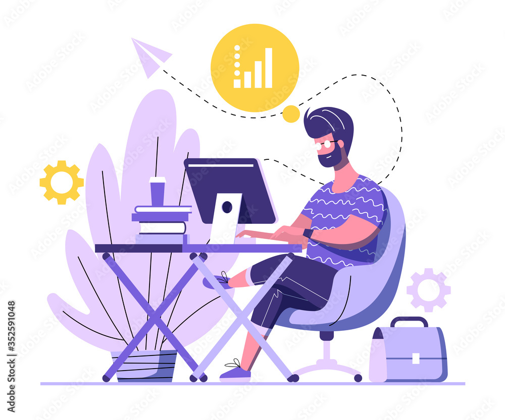 Handsome man is working on computer. A man is sitting on an armchair behind the office Desk with books and a cup of coffee and working at his computer. Working process flat design. Vector Illustration
