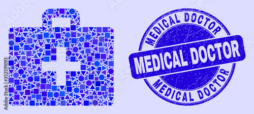 Geometric medical case mosaic pictogram and Medical Doctor seal stamp. Blue vector round grunge seal stamp with Medical Doctor title. Abstract mosaic of medical case done of round, tringle,