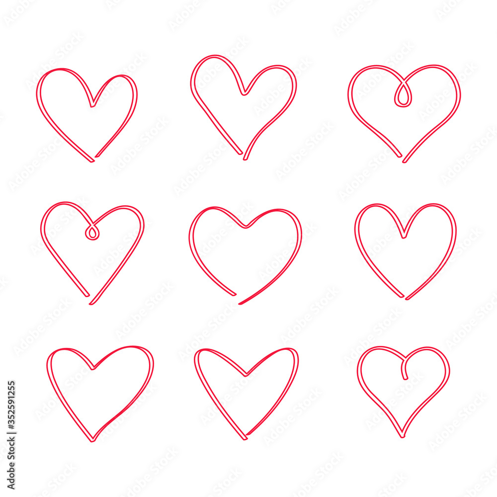 A large set of hand-drawn hand-drawn hearts. sketch of nine hearts for the day of St. Valentine. A large set of hand-drawn hand-drawn hearts. sketch of nine hearts for the day of St. Valentine.