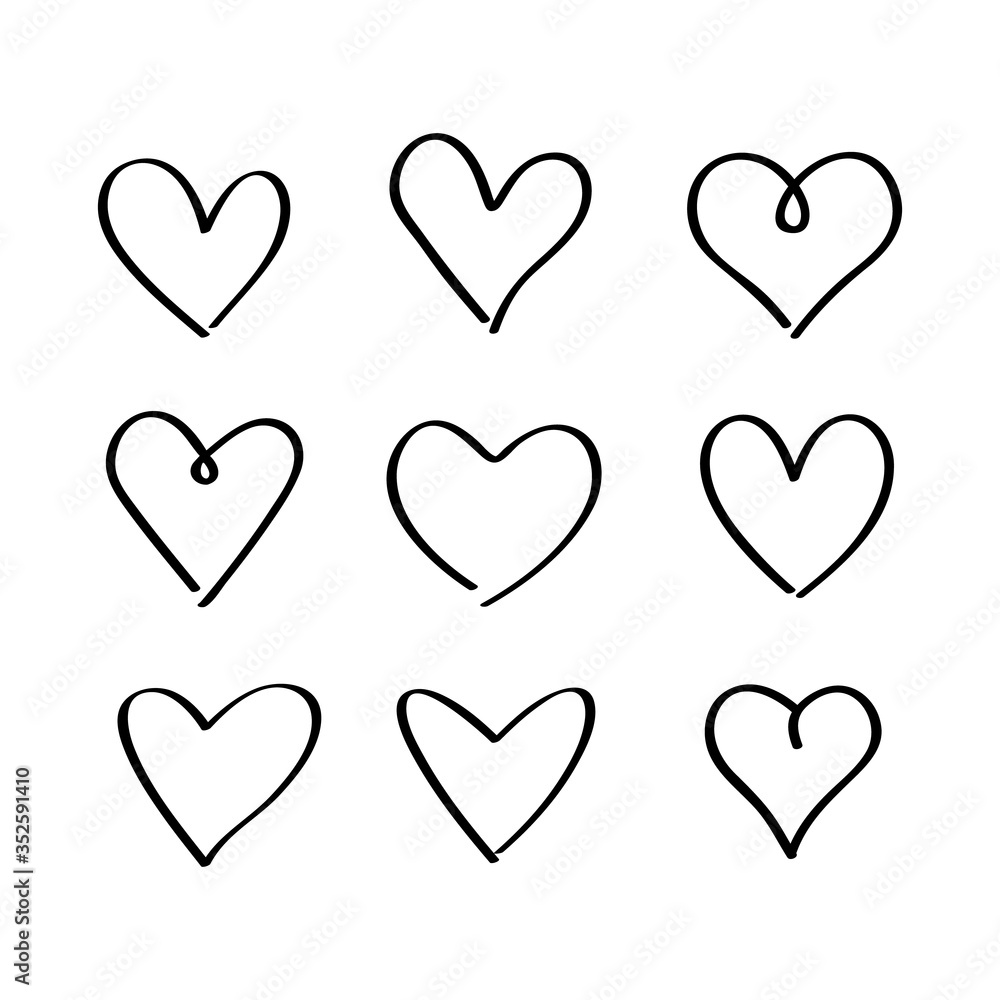 A large set of hand-drawn hand-drawn hearts. sketch of nine hearts for the day of St. Valentine.