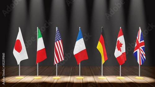 G7 summit or meeting concept. Row from flags of members of G7 group of seven and list of countries, 3d illustration photo