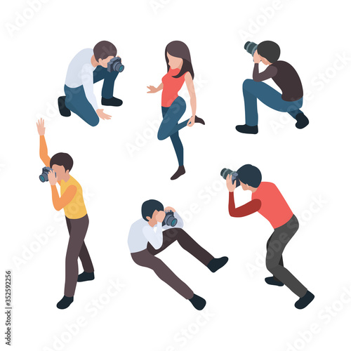 Photographer isometric. Professional video makers at work making photos with digital camera and other equipment salon photograper studio vector. Professional photographer take photo illustration
