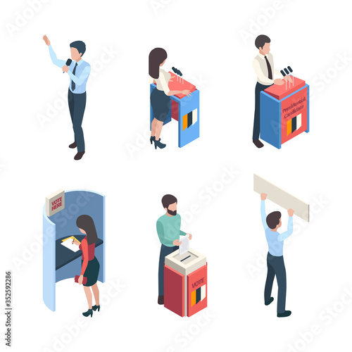 Vote isometric. Political people speakers reporter voting campaign politic choice vector character. Isometric voting character, public campaign, candidate politician speech illustration