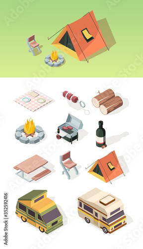 Barbecue isometric. Picnic table bbq steak camper van product party on nature fire and tent vector pictures set. Illustration isometric barbecue and picnic elements