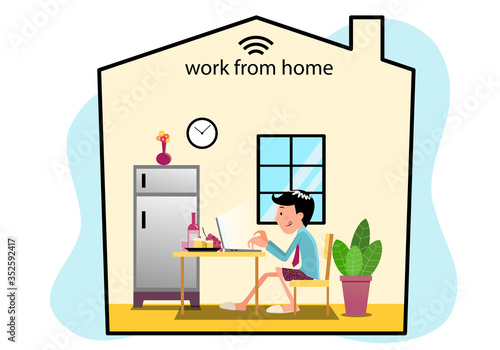 man sitting to work at home with food and snack behind laptop. concept quarantine from virus at home.
flat vector illustration.
another side of work from home concept.