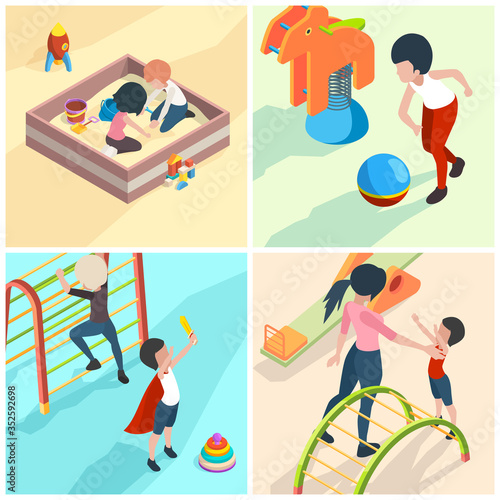 Kids playground. Nanny babysitter adult teacher in kindergarten playing toys children preschool equipment for game vector isometric. Illustration kindergarten playground, woman with preschool