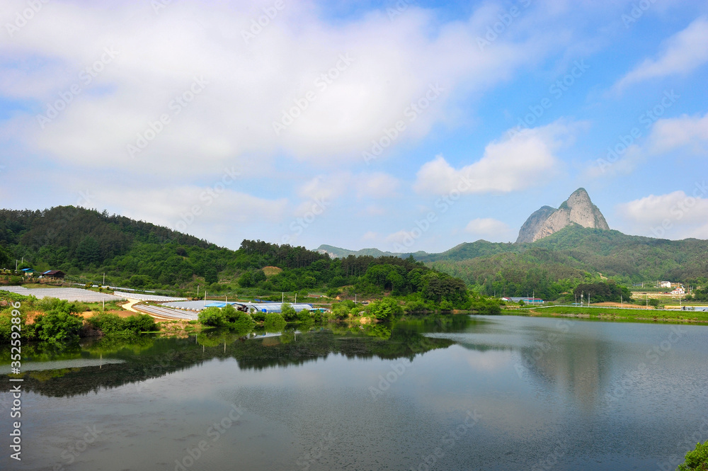 Beautiful Landscape of the Maisan Mountain from Banwol-ri in Jinan-gun, South Korea.