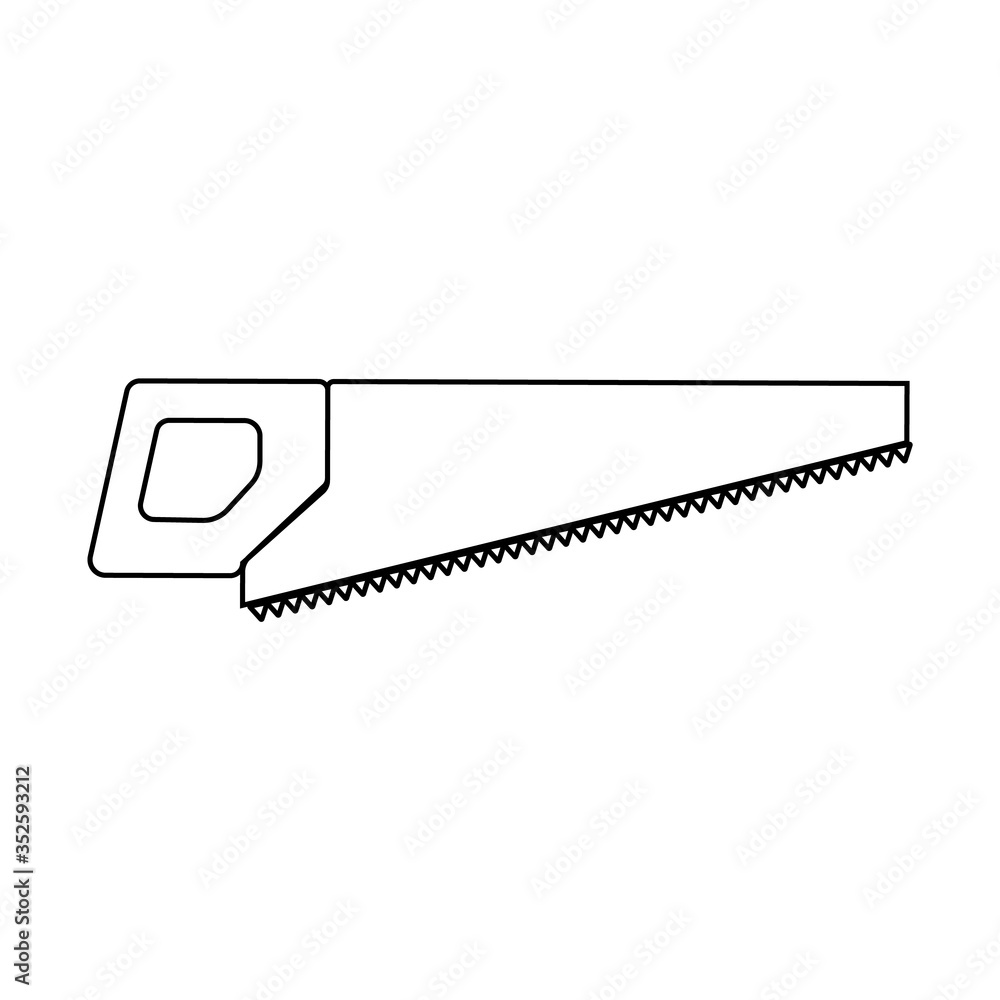 A sharp construction black and white icon of a hand saw, a hacksaw with teeth and a handle for cutting wood. Construction tool. Vector illustration on white background A sharp construction black and white icon of a hand saw, a hacksaw with teeth and a handle for cutting wood. Construction tool. Vector illustration on white background