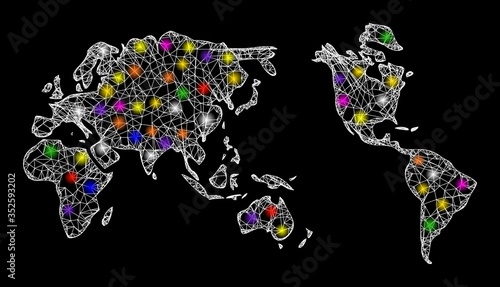 Web mesh vector map of Earth with glow effect on a black background. Abstract lines, light spots and spheric points form map of Earth constellation.