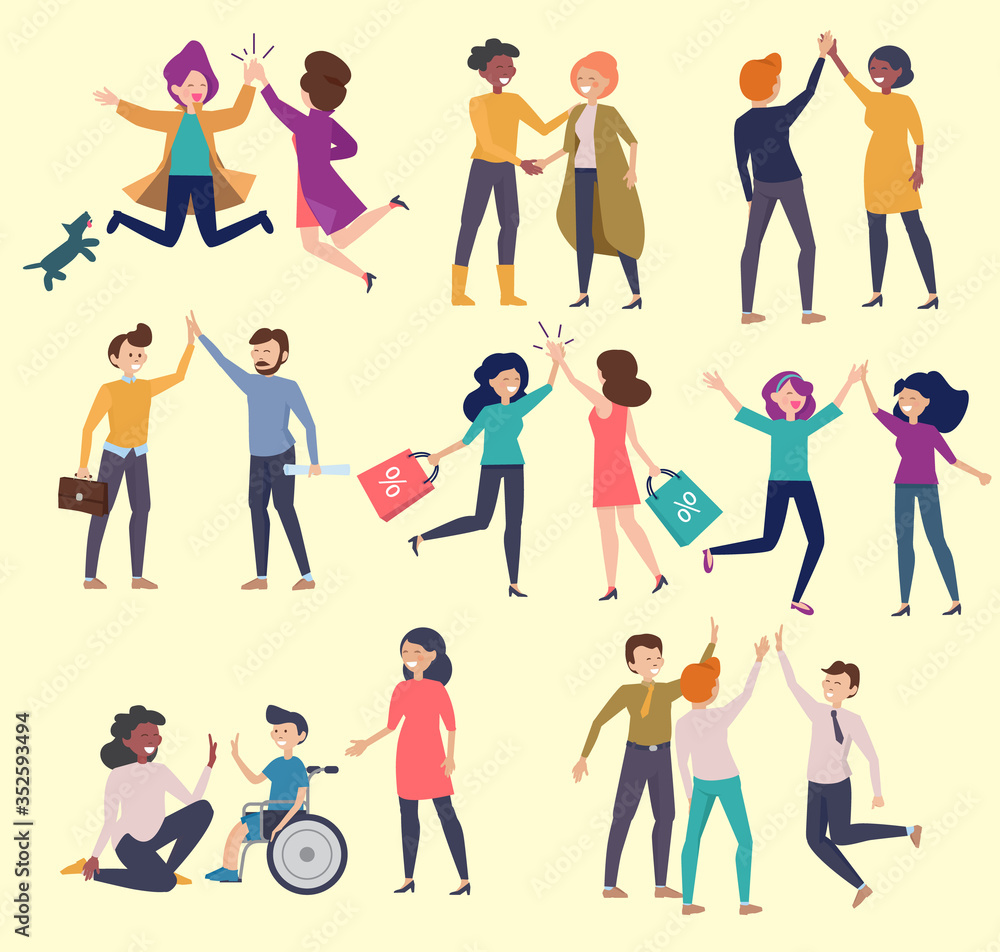 High five friends. Greeting happy colleague communication hands gestures friendly characters meeting people vector. High five greeting, characters meeting illustration