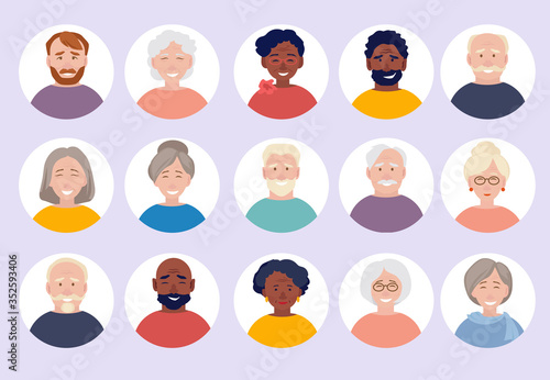 Elderly people avatars. Old person faces for web cv or id doc vector characters portraits collection. Elderly person character, people woman and man illustration