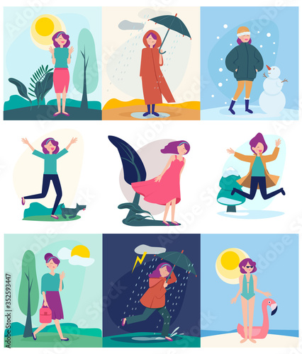 Seasonal woman. Different weather outdoor character walking in different season conditions rainy windy snow storm or hot sun vector people. Woman summer and snow, spring and autumn illustration