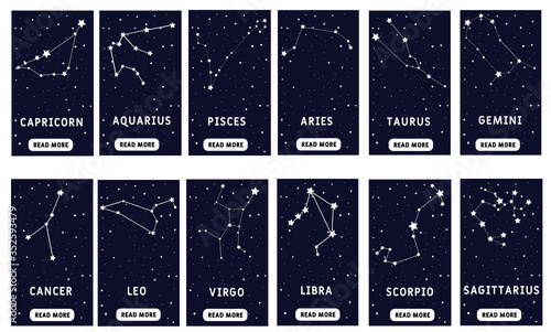 Horoscope mobile user interface. Zodiac signs: capricorn, aquarius, aries, pisces, virgo, libra, scorpio, sagittarius, taurus, gemini, leo. Vector illustration.