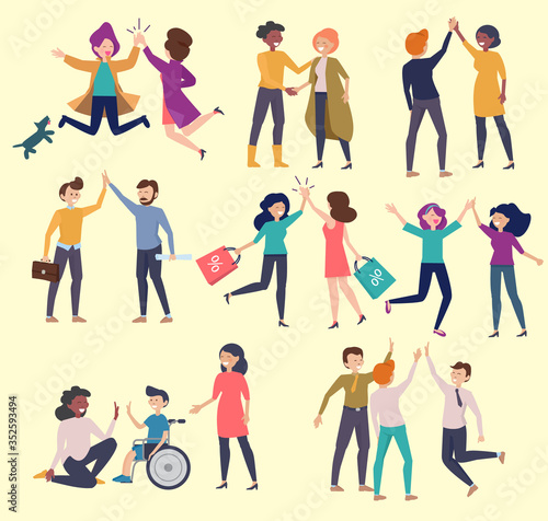 High five friends. Greeting happy colleague communication hands gestures friendly characters meeting people vector. High five greeting  characters meeting illustration