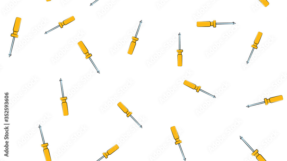 Texture, seamless abstract pattern of metal construction plastic yellow screwdrivers for repair, tool on white background. Vector illustration Texture, seamless abstract pattern of metal construction plastic yellow screwdrivers for repair, tool on white background. Vector illustration