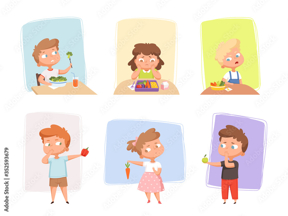 Vegetables for children. Unhappy kids dont like healthy fruits and vegetables emotional eating junk food sweets delicious meal hungry persons vector set. Kid dislike eating healthy food illustration Vegetables for children. Unhappy kids dont like healthy fruits and vegetables emotional eating junk food sweets delicious meal hungry persons vector set. Kid dislike eating healthy food illustration