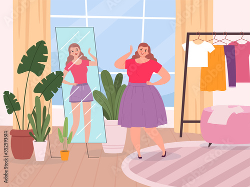 Woman mirror. Oversize lady standing front of mirror view fitness girls vector happy character. lady and woman, girl look to mirror illustration